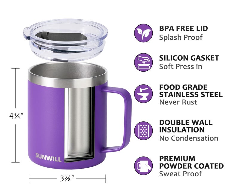 SUNWILL Insulated Coffee Mug with Lid, Travel Tumbler with Handle, 14 oz Stainless Steel Cup for Camping, Office, Home, Powder Coated Purple - Image 2